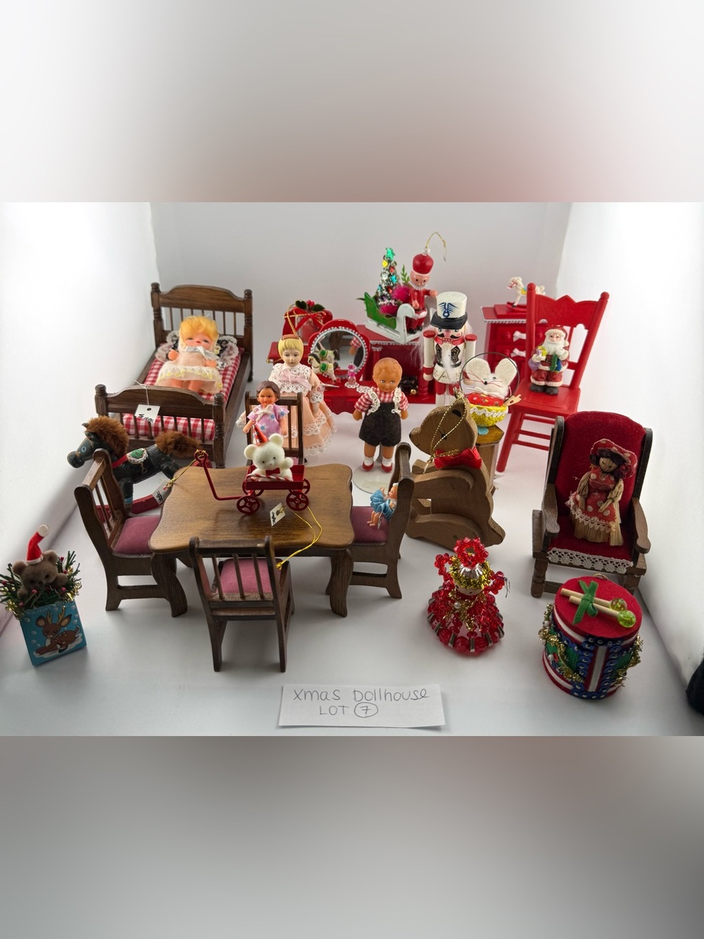 Vintage 1:12 Scale Christmas Dollhouse Miniatures Lot Furniture & Dolls